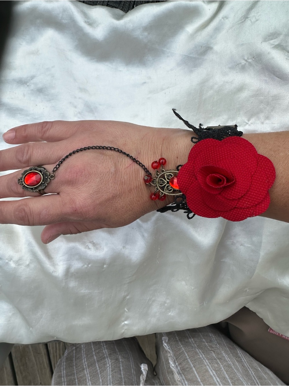 Red Floral Lace Bracelet with Beautiful Red Stoned Attached Matching Ring